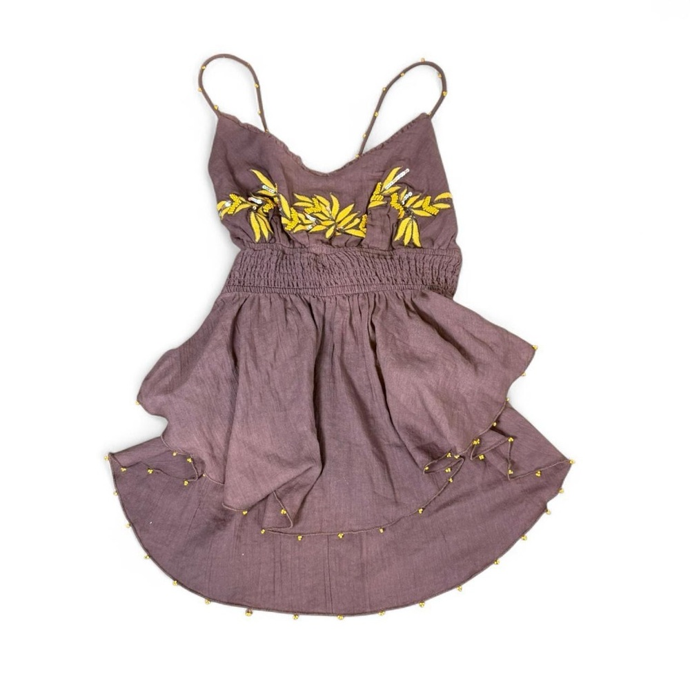 Free People Mahogany Brown Beaded and Embroidered Baby Doll Tank